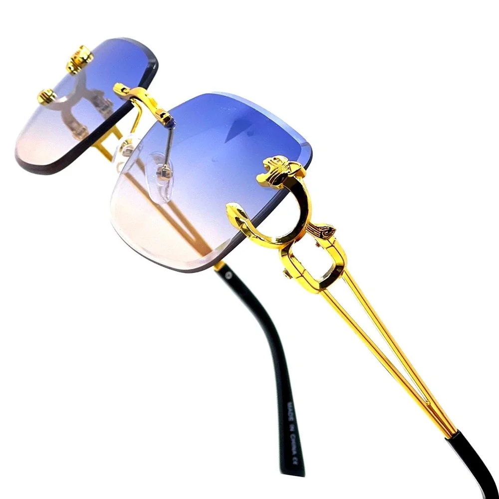 Rimless Sunglasses Gold Accents Blue Gradient Lens Fashion Shades Festival Party